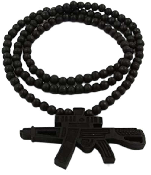 Mens Black AK47 Gun Pendant Wood Hip Hop Ball Beaded 40 Inch Wood Chain Necklace