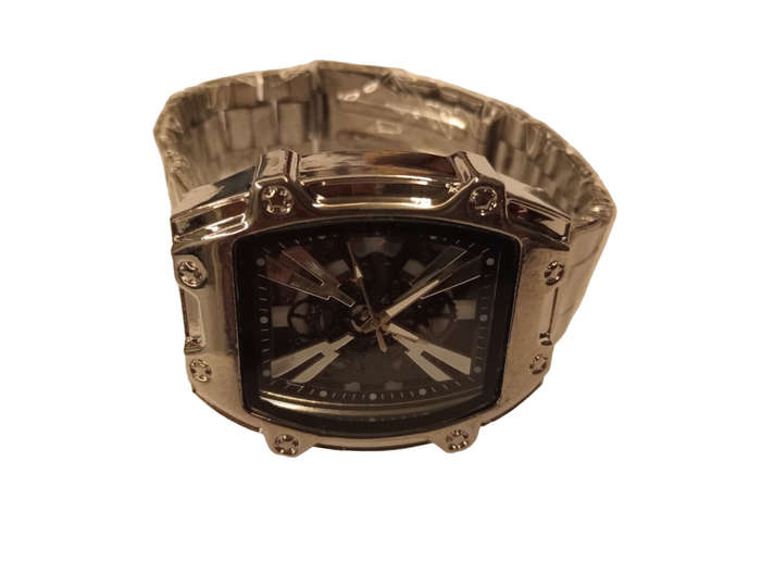 Stylish Mens Analogue Watch - Black Face With Steel Band -Rectangle Face