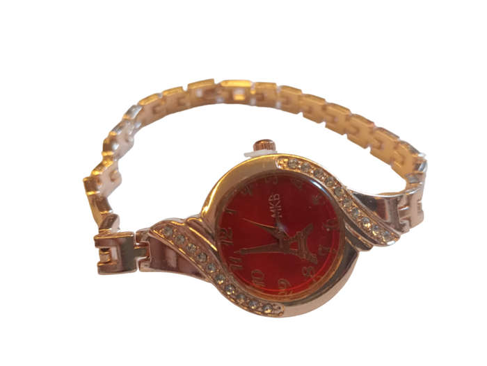 Analogue Watch Bracelet For Women -Red  Face With Eiffel Tower Emblem With Steel Bracelet Band