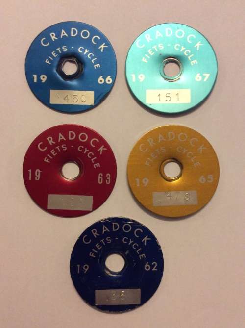 FIVE 1960s TIN BICYCLE LICENSE DISCS FROM CRADOCK - RARE INDEED - BID PER LICENSE FOR THE LOT -