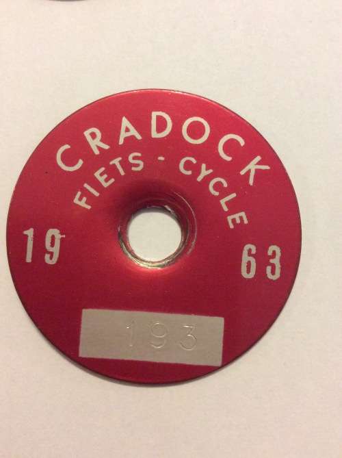 FIVE 1960s TIN BICYCLE LICENSE DISCS FROM CRADOCK - RARE INDEED - BID PER LICENSE FOR THE LOT -