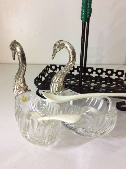 OLD JAPANESE MADE SET OF SALT AND PEPPER SWAN BOWLS WITH SPOONS