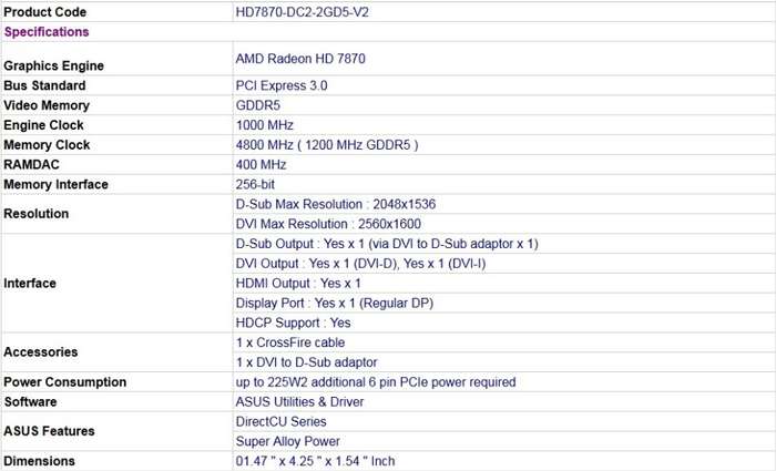 hd 7870 dc2 v2 2gb gddr5 ddr5 amd asus radeon graphics card pci express 3.0 version 1000mhz 4800mhz 1200mhz 400mhz ramdac 256-bit 128-bit double memory latency bandwidth