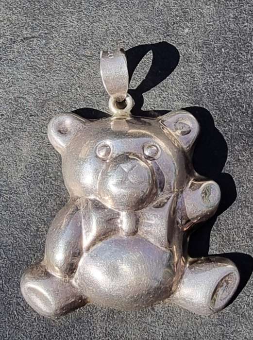 `LARGE` Sterling Silver `PUFFY HOLLOW TEDDY BEAR` with Bow Tie Pendant. ( Genuine Silver. )
