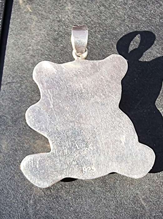 `LARGE` Sterling Silver `PUFFY HOLLOW TEDDY BEAR` with Bow Tie Pendant. ( Genuine Silver. )