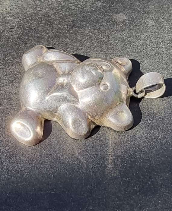 `LARGE` Sterling Silver `PUFFY HOLLOW TEDDY BEAR` with Bow Tie Pendant. ( Genuine Silver. )