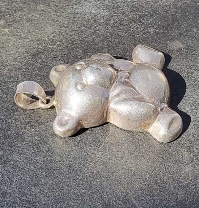 `LARGE` Sterling Silver `PUFFY HOLLOW TEDDY BEAR` with Bow Tie Pendant. ( Genuine Silver. )