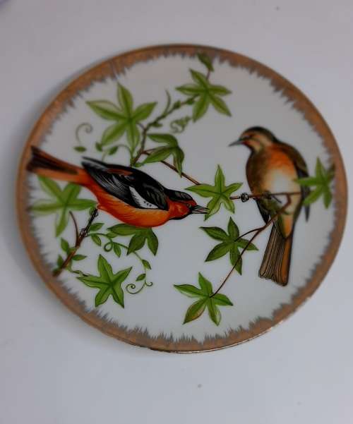 Birds on a tree decorative wall hanging PLATE with Gold Trim D16 cms vintage