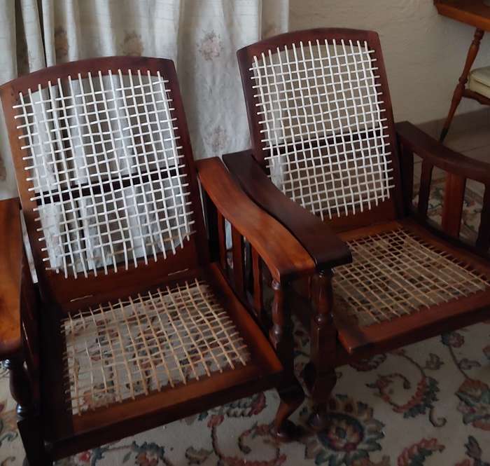 ANTIQUE MATCHING MORRIS CHAIRS  SOUTH AFRICAN STINKWOOD with free matching riempie stoel