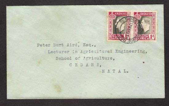 1937 Union South Africa KGVI 1d Coronation FDC SWARTKOPSKLOOF RAIL To CEDARA Natal