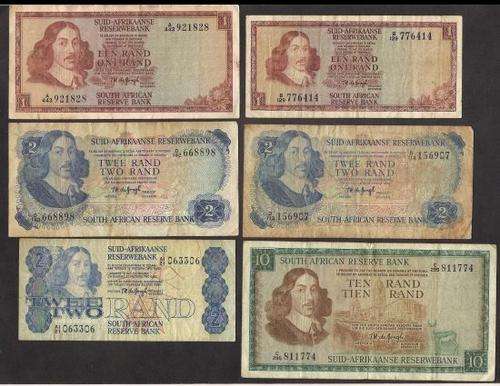 SOUTH AFRICA R 1 x 2, R 2 x 3 & R10 TW De JONGH BANKNOTES