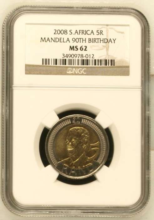 2008 S.AFRICA MANDELA 90TH BIRTHDAY R5 - MS62 - NGC GRADED