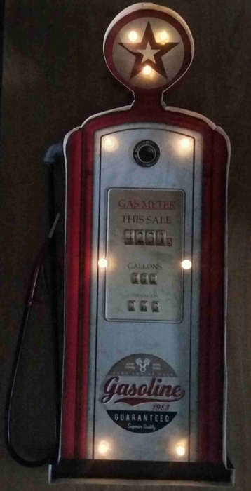 Gasoline petrol pump, metal light sign.