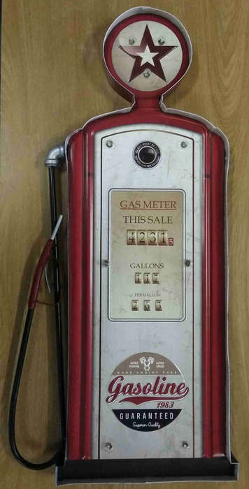 Gasoline petrol pump, metal light sign.