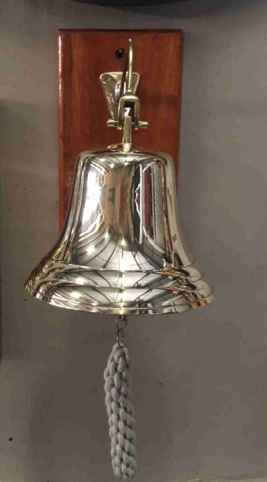 Solid brass ship, motivational bell 16cm diameter, sales bell. Wall mounted on solid wood