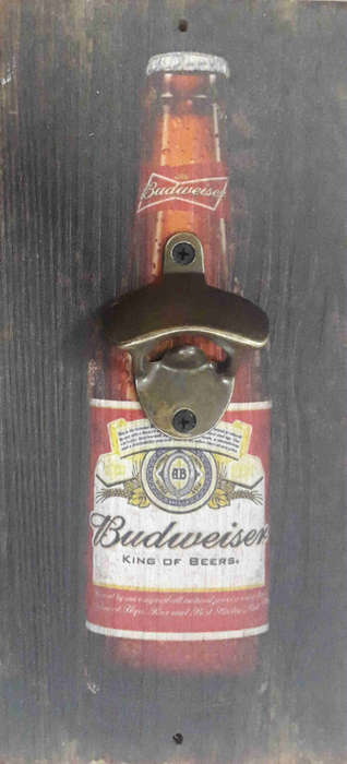 Budweiser, Advert board with bottle cap opener. Wall mounted