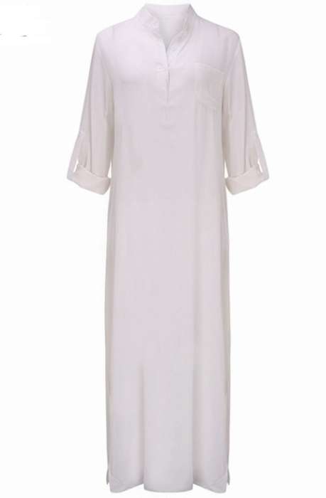 Women Sexy Casual Dress Long Sleeve Deep V Neck Linen Split Solid Long Maxi Dress