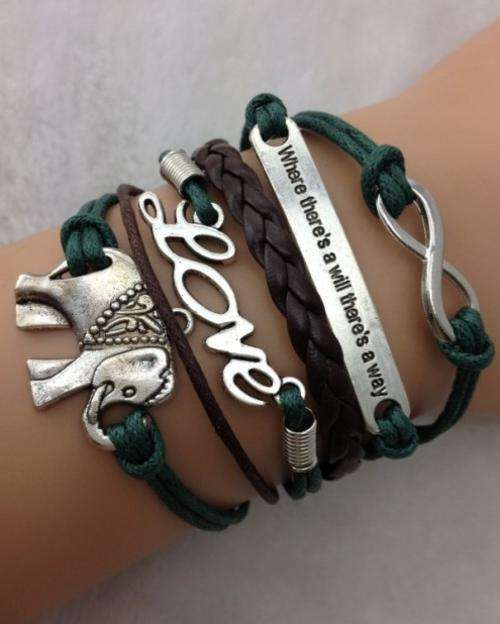 Bracelet-Infinity,"where theres a will theres a way", love and elephant charm