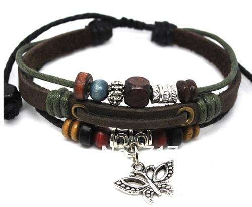 Bracelet- Braided Leather with alloy charm slide bracelet with Butterfly charm