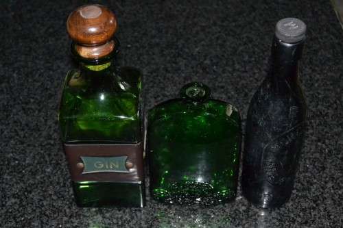 Green Glass Gin Decanter and Pub Decor Bottles