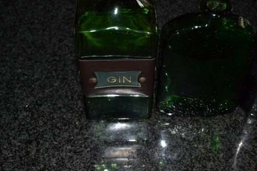 Green Glass Gin Decanter and Pub Decor Bottles