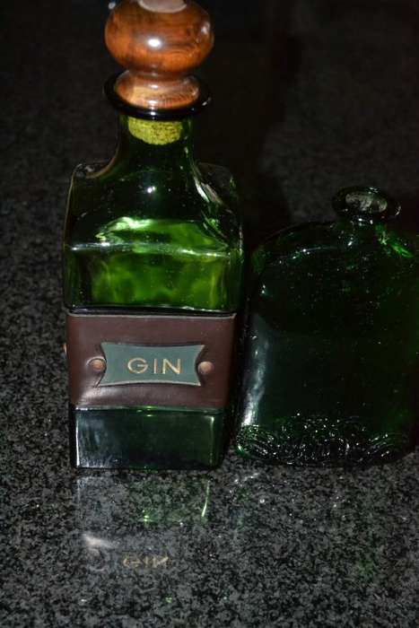 Green Glass Gin Decanter and Pub Decor Bottles