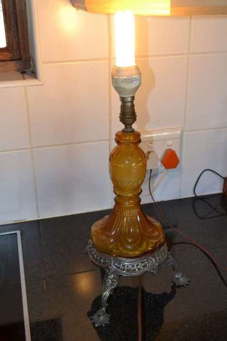 Vintage Amber Glass Lamp with Metal Rococo Style Base