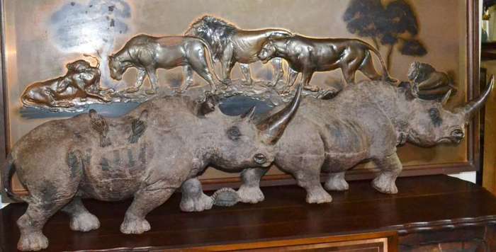 Justice Ncube - Large Double Rhino Wood Carving