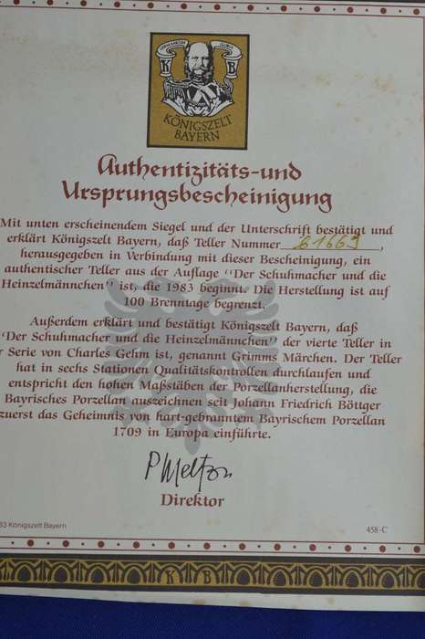 Konigszelt Bayern Der Schunmacher und de Heinzelmanchen Collectors Plate with COA