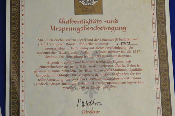 Konigszelt Bayern Schneewittchen {Snow White) Collectors plate with COA
