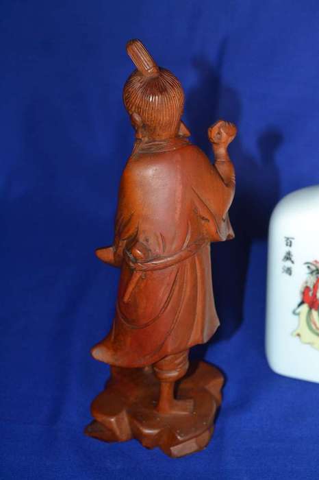 Carved Wooden Chinese Figure with Taiwan Tobacco & Wine Bottle