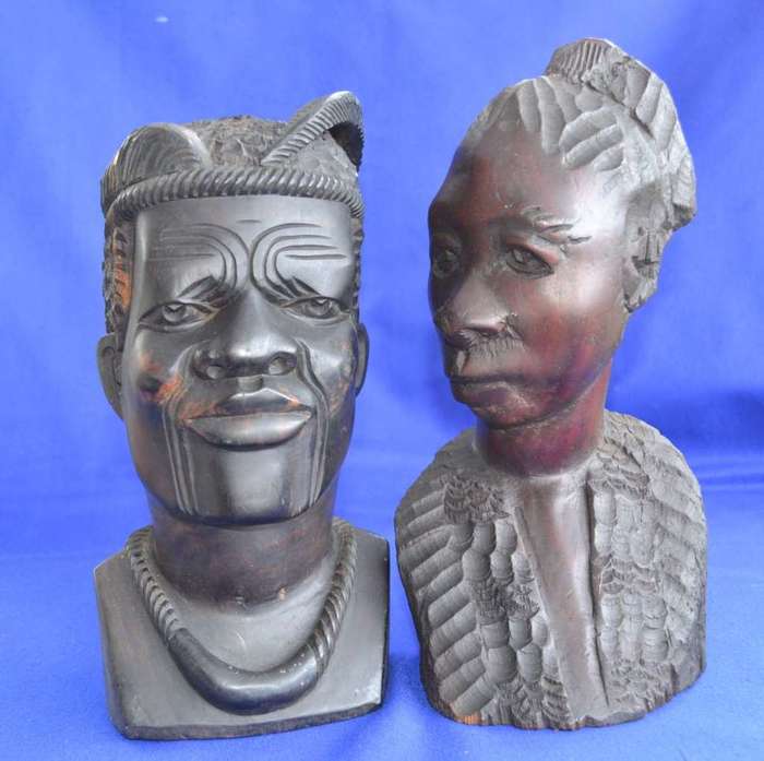 Vintage Hand Carved Wooden Busts - Male and Female