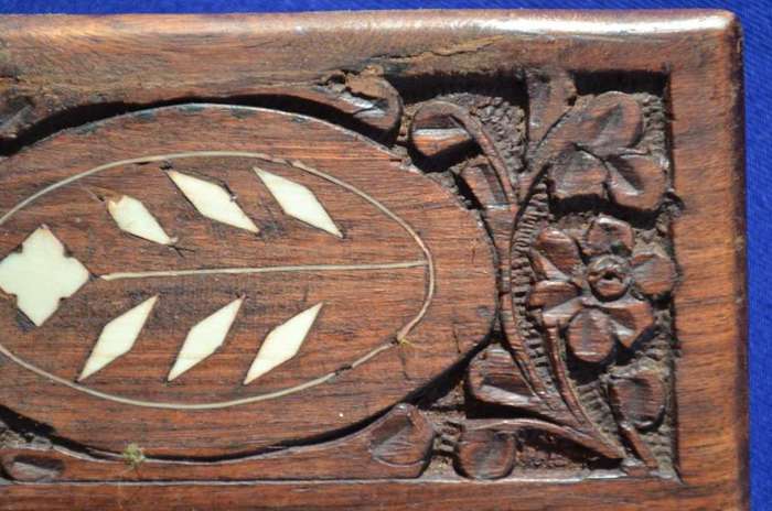 Hand Carved Wooden Trinket Box with Bone Inlay