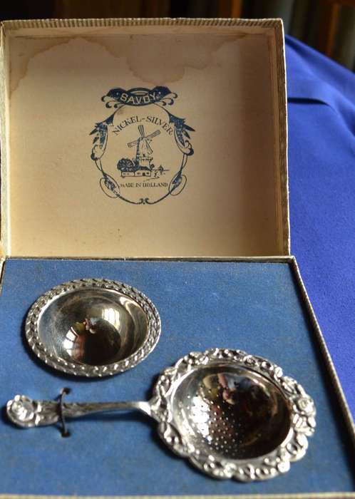 Vintage Savoy Holland Nickel Silver Tea Strainer Set In Original Box