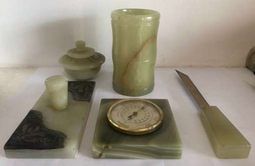 ONYX DESKTOP STATIONERY SET MADE IN ITALY PEN HOLDER, THERMOMETER, LETTER OPENER, BONBON BOX, WEIGHT
