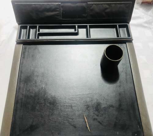 MATCHING BROWN LEATHER DESKTOP SET: DESKTOP CALENDAR HOLDER AND PEN HOLDER