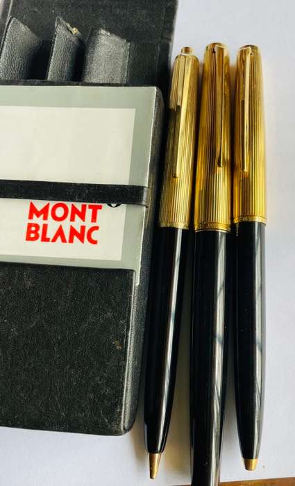 RARE! MONT BLANC 184 FOUNTAIN PEN WITH 18K GOLD NIB, LEVER BALLPOINT PEN & PENCIL IN LEATHER CASE