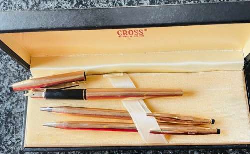 CROSS TRIO SET ROSE GOLD FOUNTAIN PEN WITH 14K GOLD NIB, BALLPOINT PEN & PENCIL IN BOX
