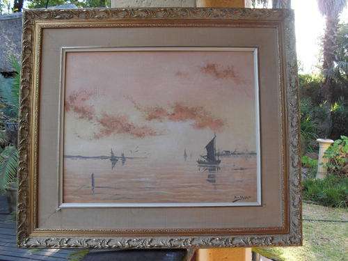BEAUTIFULLY FRAMED SIGNED ACRYLIC/OIL ON BOARD OF LOVELY SUNSET OR SUNRISE WITH BOATS ON LAKE/WATER