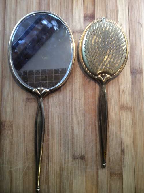 Brass hand mirror and brush set