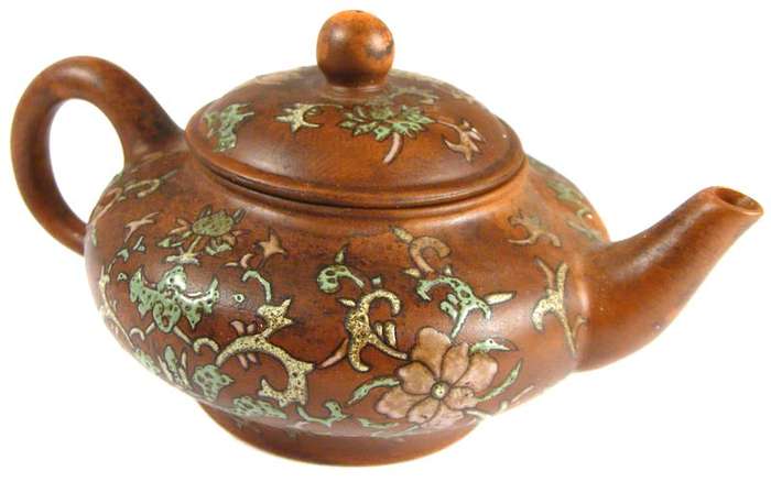 Vintage Chinese Hand Made Yixing Pottery Enameled Miniature Teapot - Signed - Oriental Art/Culture