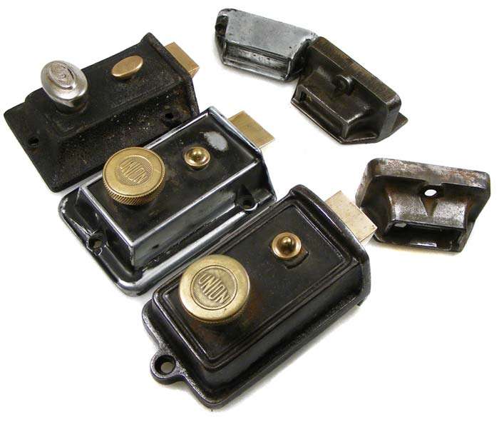 Lot of 3 Vintage/Antique Brass and Steel Night Latches/Door Locks - Union, Tri-Circle