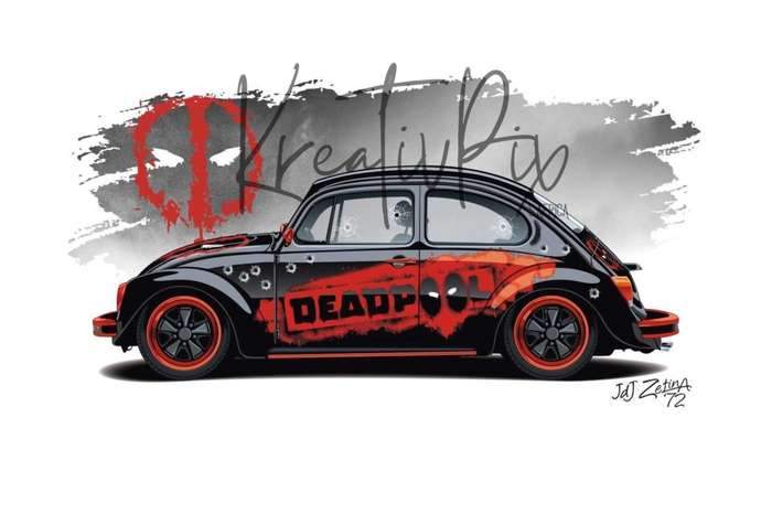 An A4 glossy photograph of a Deadpool VW Beetle - includes bullet holes