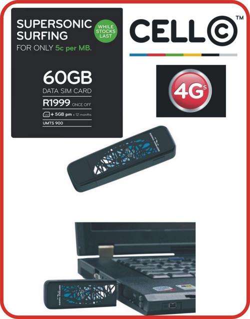 *** 3G / HSDPA / HSPA / 4Gs /  21.6mbps modem bundle - modem plus 60gb cellc data - 5Gb per month -