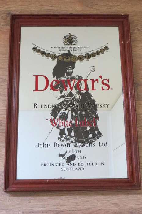 DEWAR'S SCOTCH WHISKY "WHITE LABEL" WOODEN FRAMED BAR MIRROR