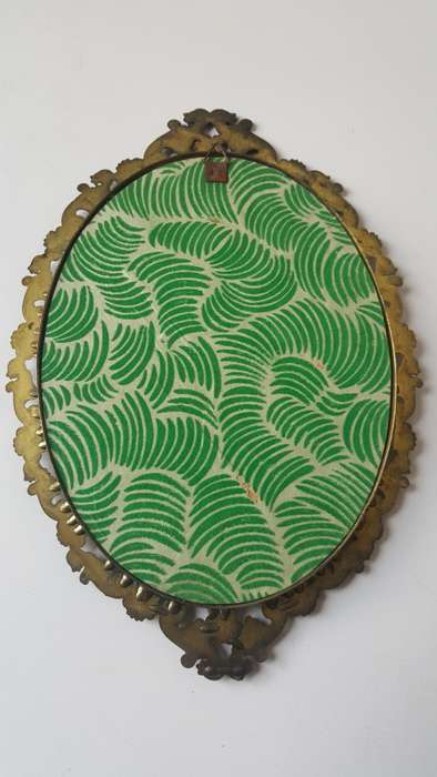 Large Vintage Oval Filigree Ornate Victorian silk Print Wall Brass Frame of Dancing Couple