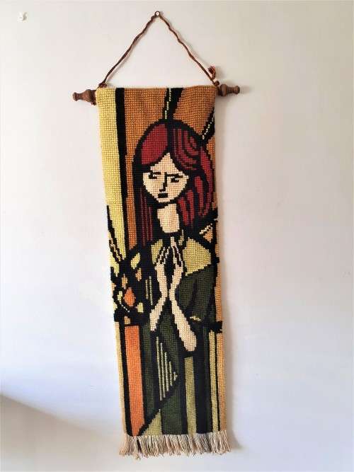 MID CENTURY ABSTRACT GIRL WALL HANGING WOOL TAPESTRY