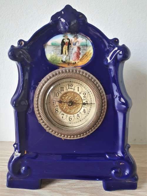 Vintage Cobalt Blue Porcelain Mantle Clock with Courtship Scene