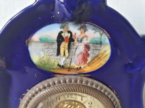 Vintage Cobalt Blue Porcelain Mantle Clock with Courtship Scene
