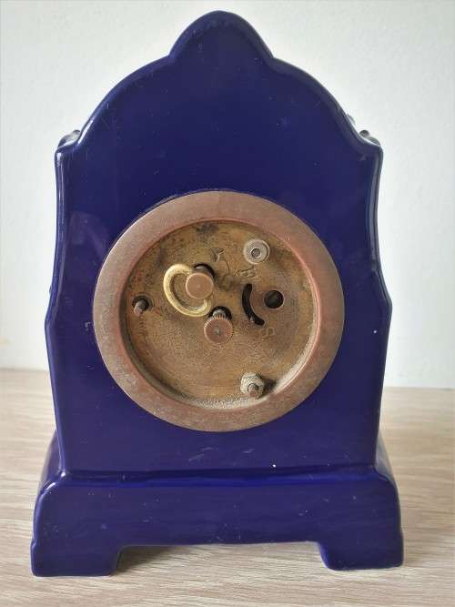 Vintage Cobalt Blue Porcelain Mantle Clock with Courtship Scene